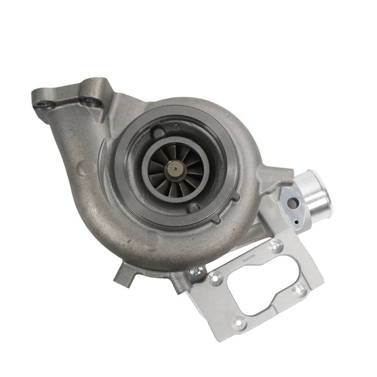 Turbocharger with compressor wheel and outlet fitting, showing steel turbine housing
