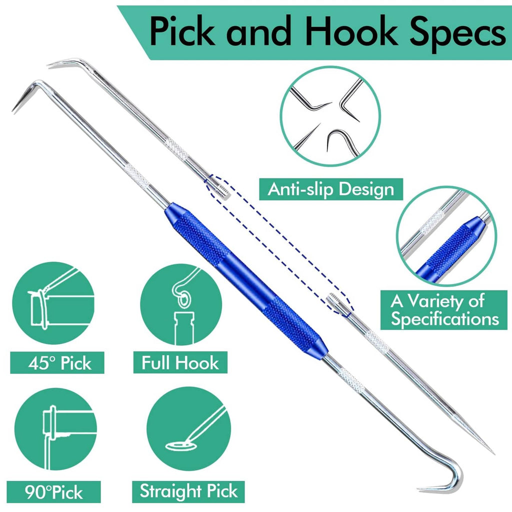 Pick and hook o-ring installation tools with blue grips and curved tips