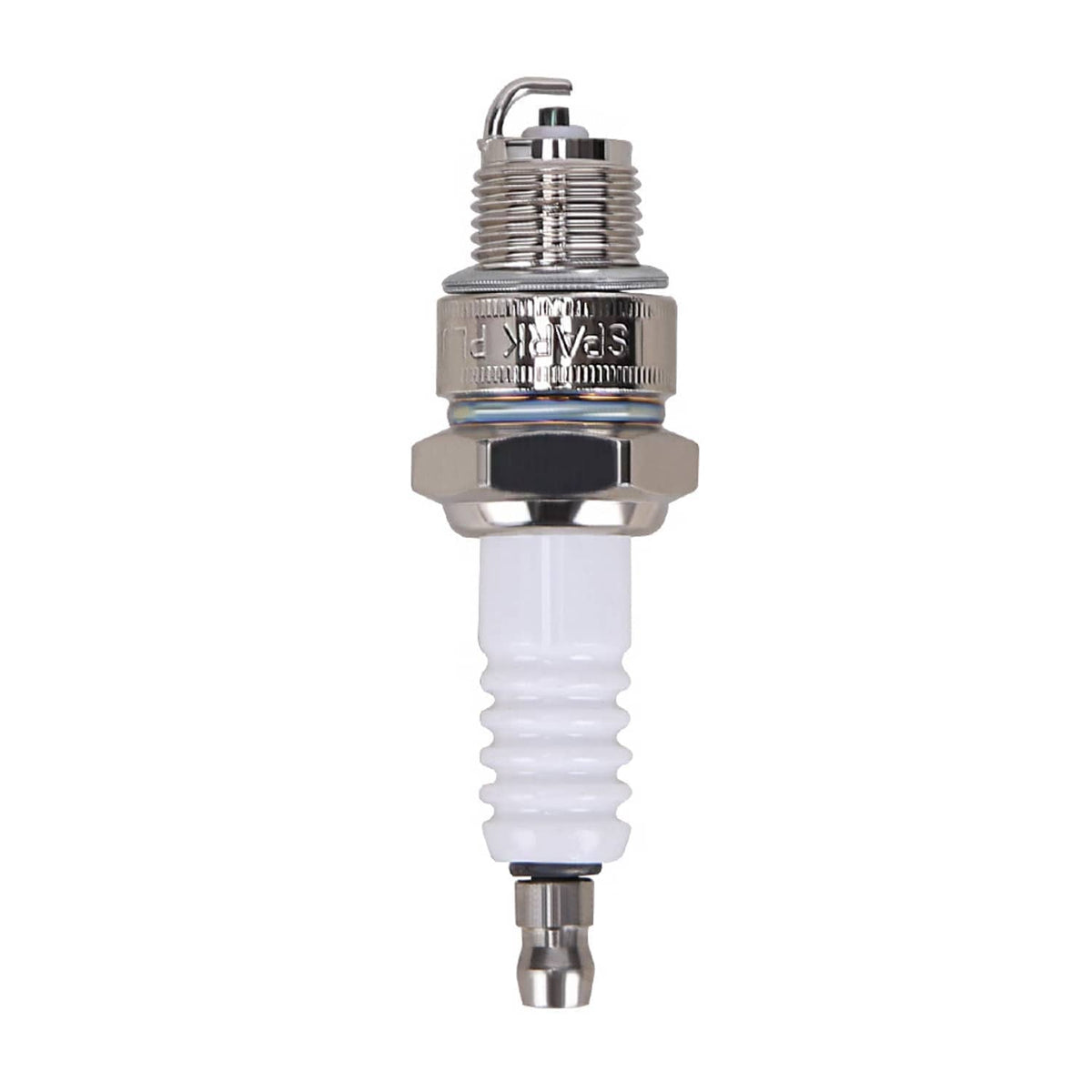 Spark plug with white insulator and metal hex base, threaded tip visible