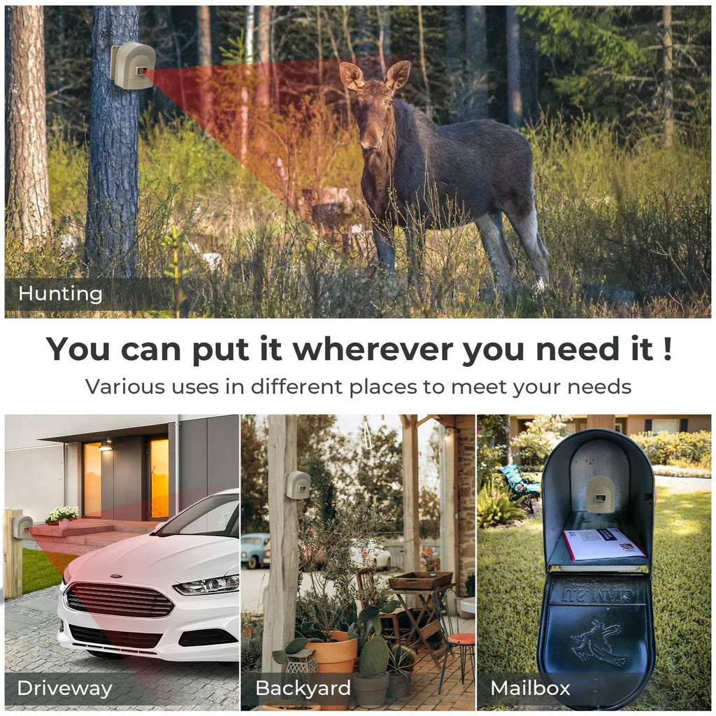 Beige wireless driveway alarm sensor with receiver shown in outdoor use infographic