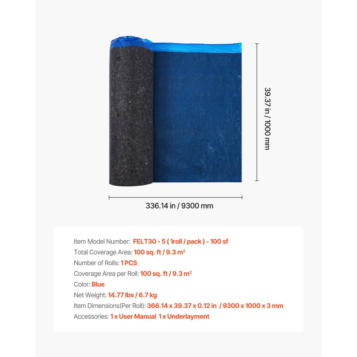Blue and dark floor underlayment roll size view with height and coverage dimensions