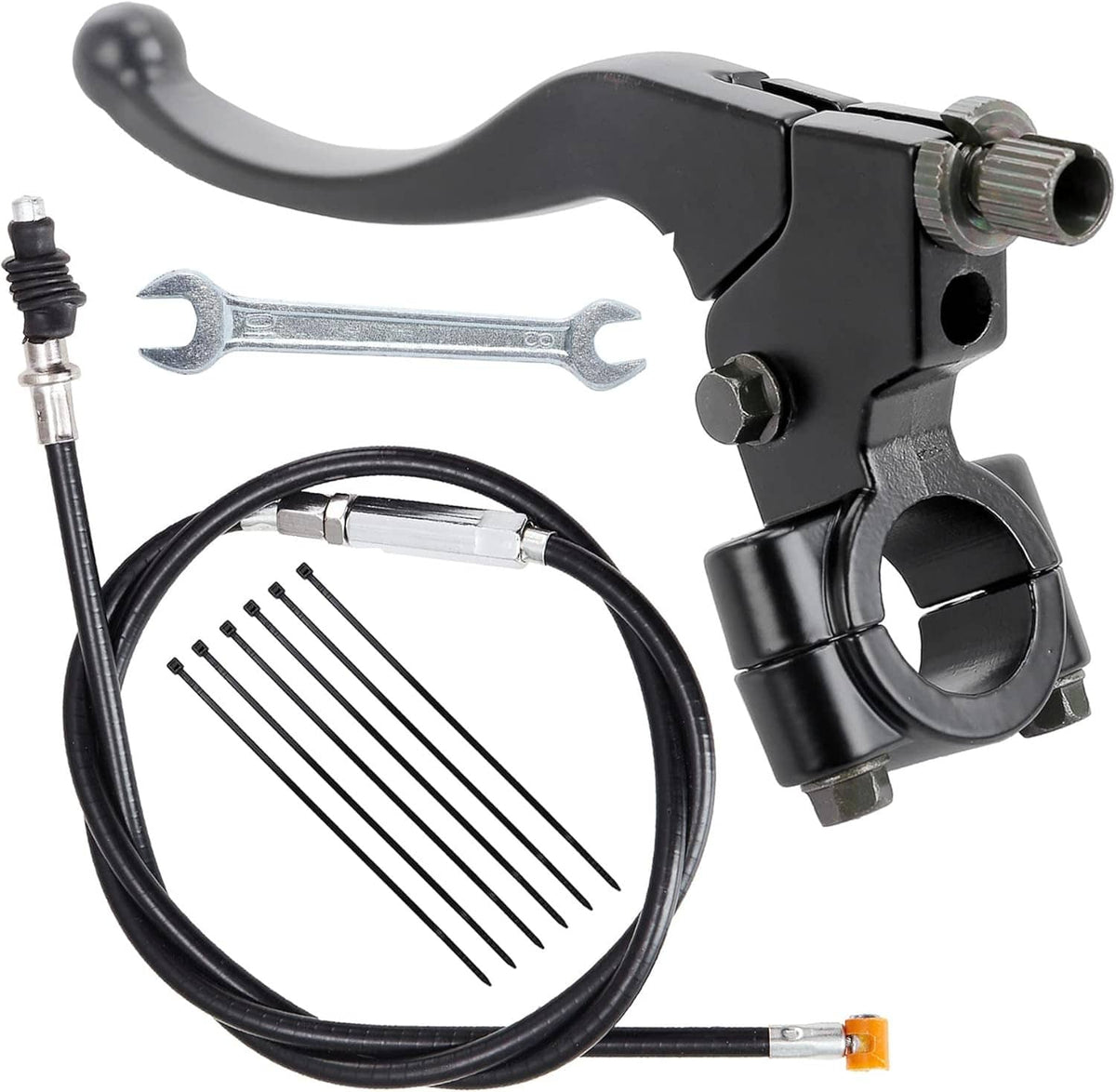 Black left clutch lever with lever perch, cable, and adjustment hardware
