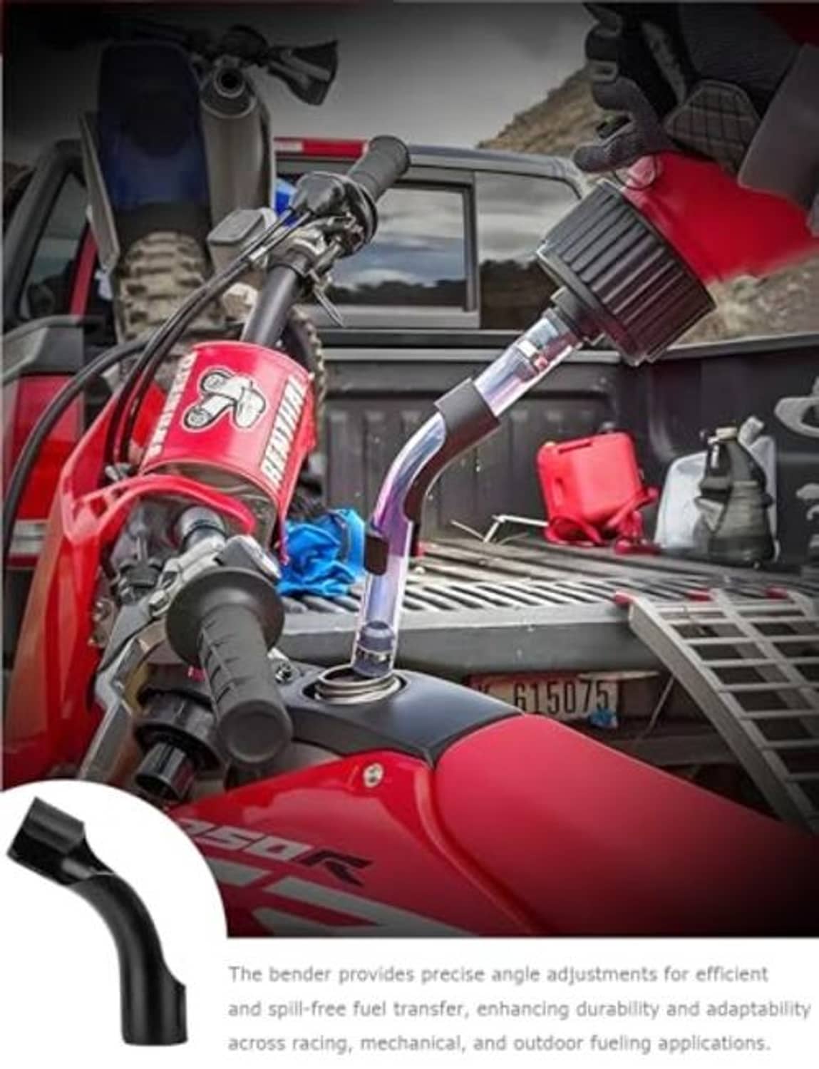 Black fuel hose bender connected to red fuel tank near engine components