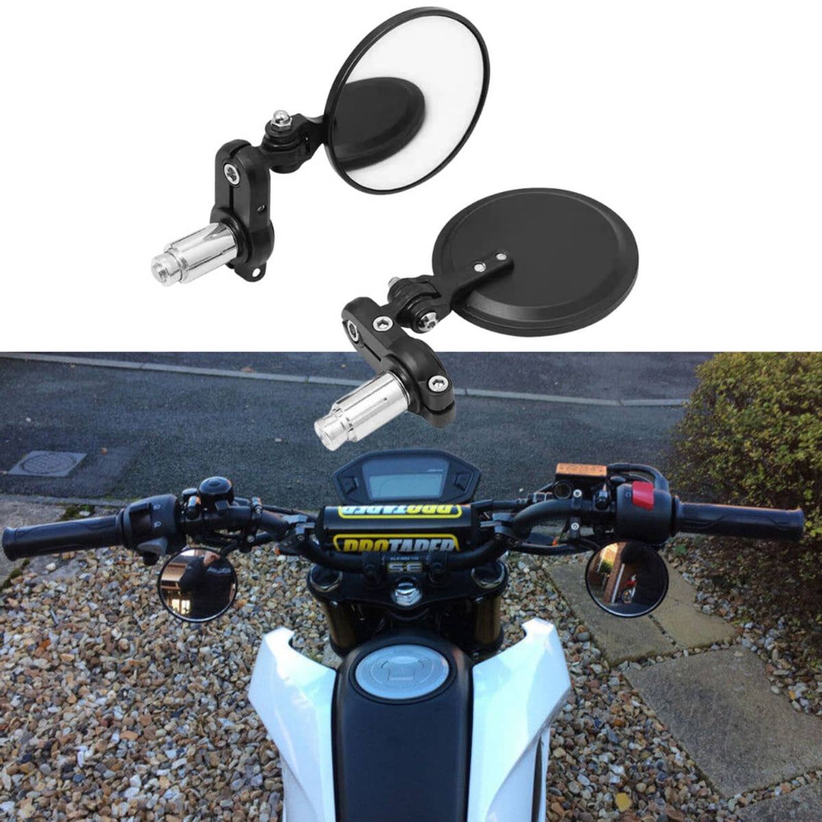 Foldable motorcycle handlebar end mirrors, black round convex lenses