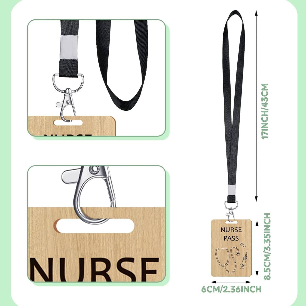 Nurse wooden pass card with black lanyard strap and metal carabiner clip