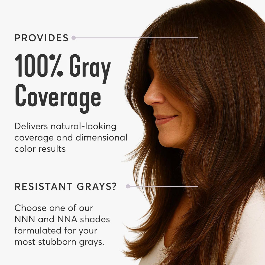 Woman side profile with dark brown hair showing 100% gray coverage claim.