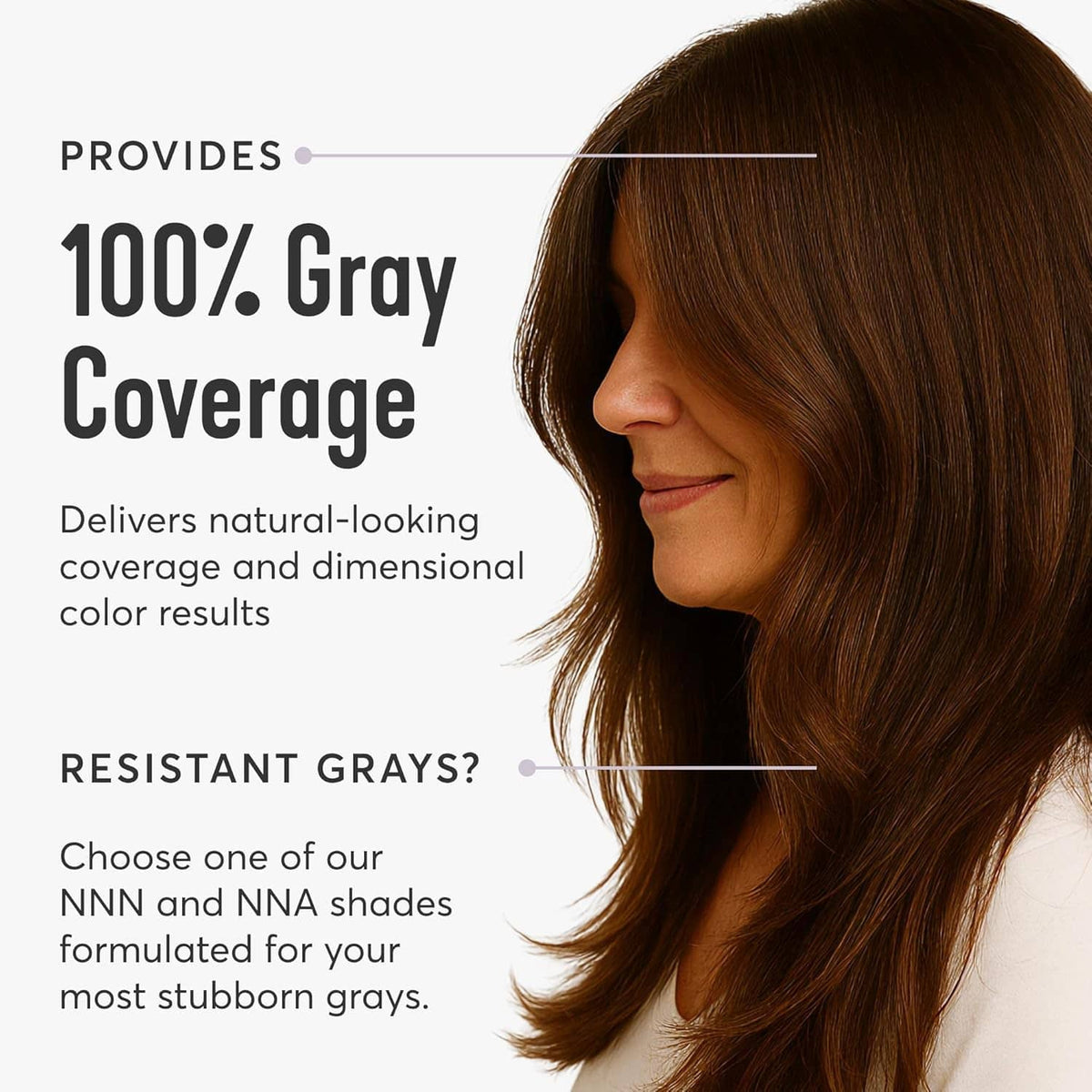 Woman side profile with dark brown hair showing 100% gray coverage claim.