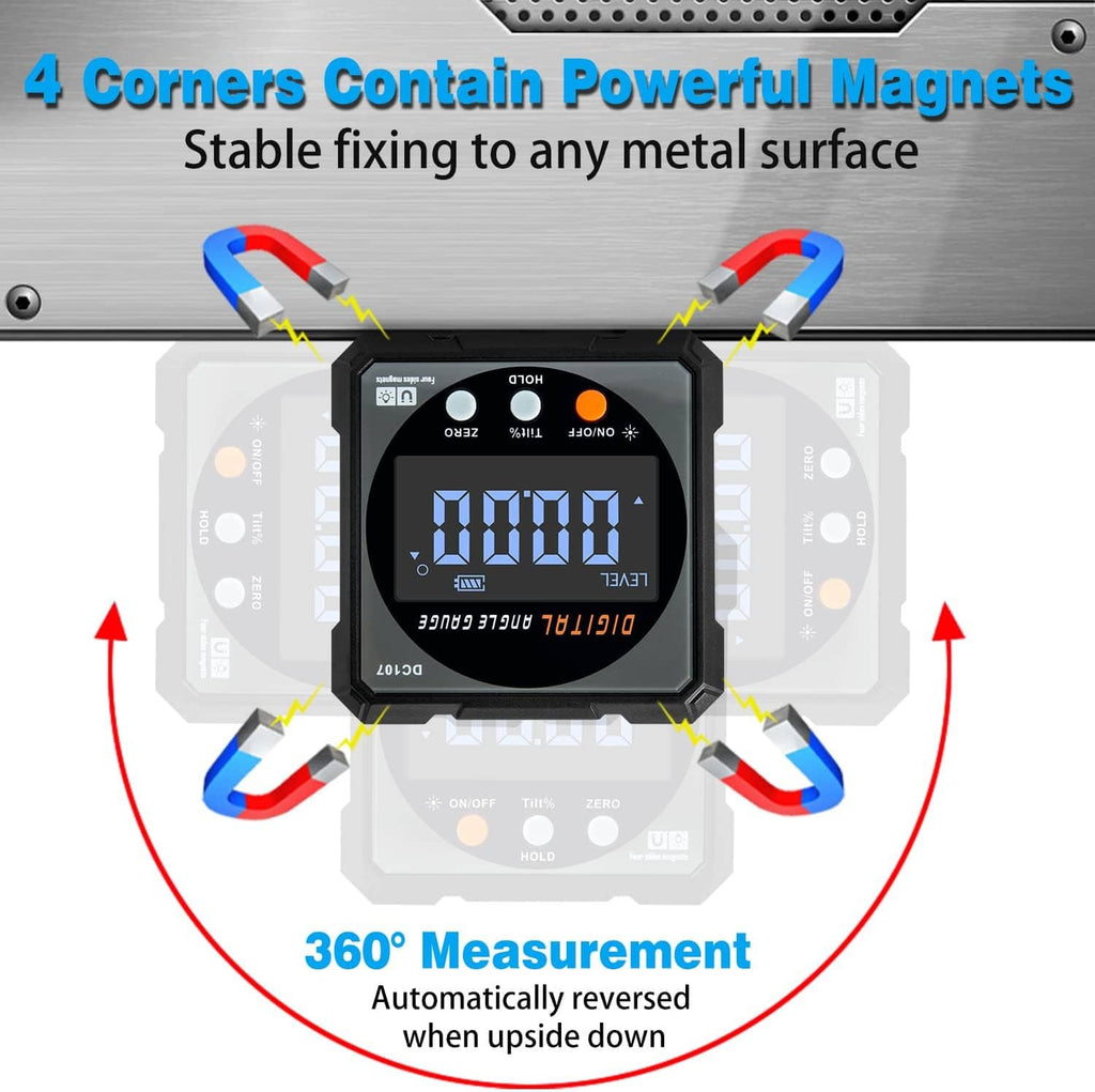 Digital angle finder gauge with 4 corner magnets and blue LED screen, stable angled body
