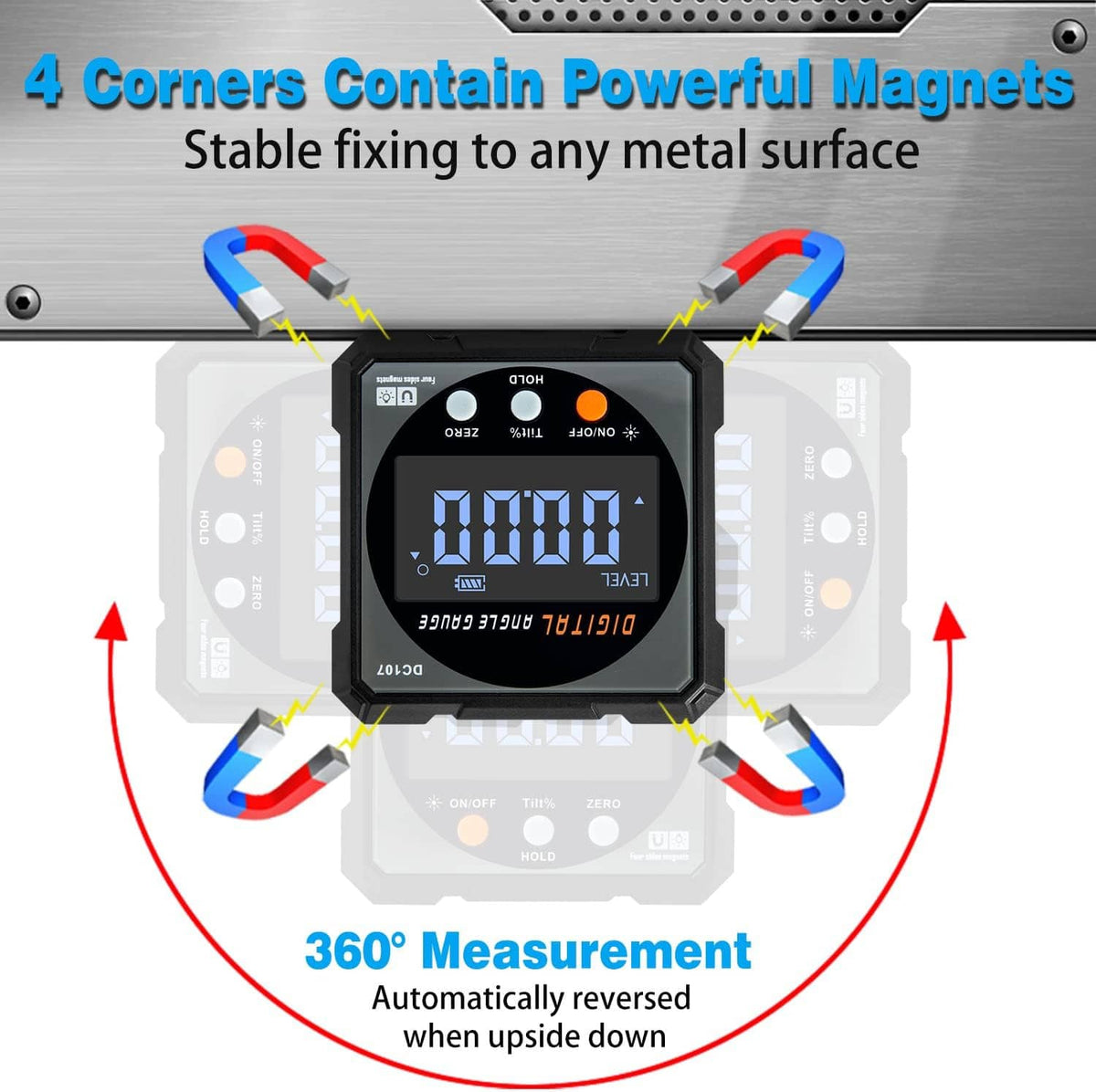 Digital angle finder gauge with 4 corner magnets and blue LED screen, stable angled body