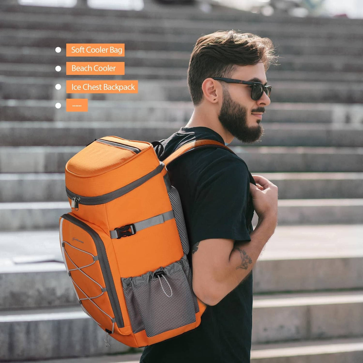 Orange insulated cooler backpack worn on back with front cooler compartment