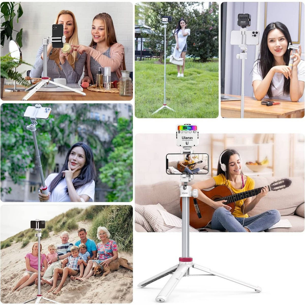 White phone tripod used for vlogging, phone clamp mounted on tripod
