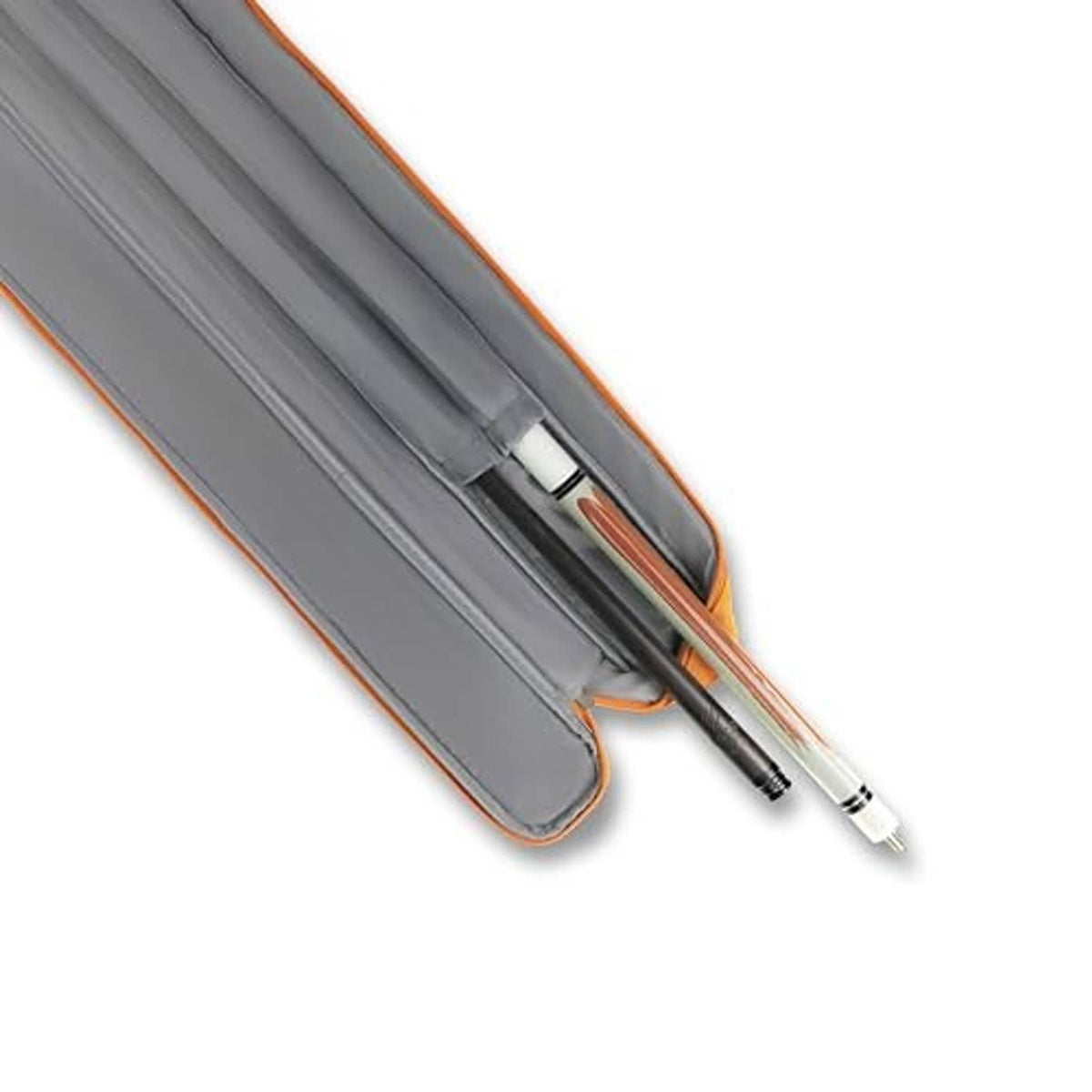 Gray interior lining of orange cue case with pool cue tips stored inside