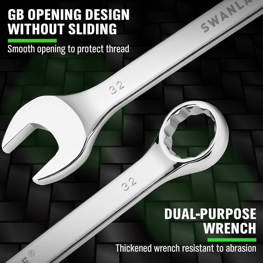 Chrome combination wrench with smooth jaw opening and dual-purpose wrench head