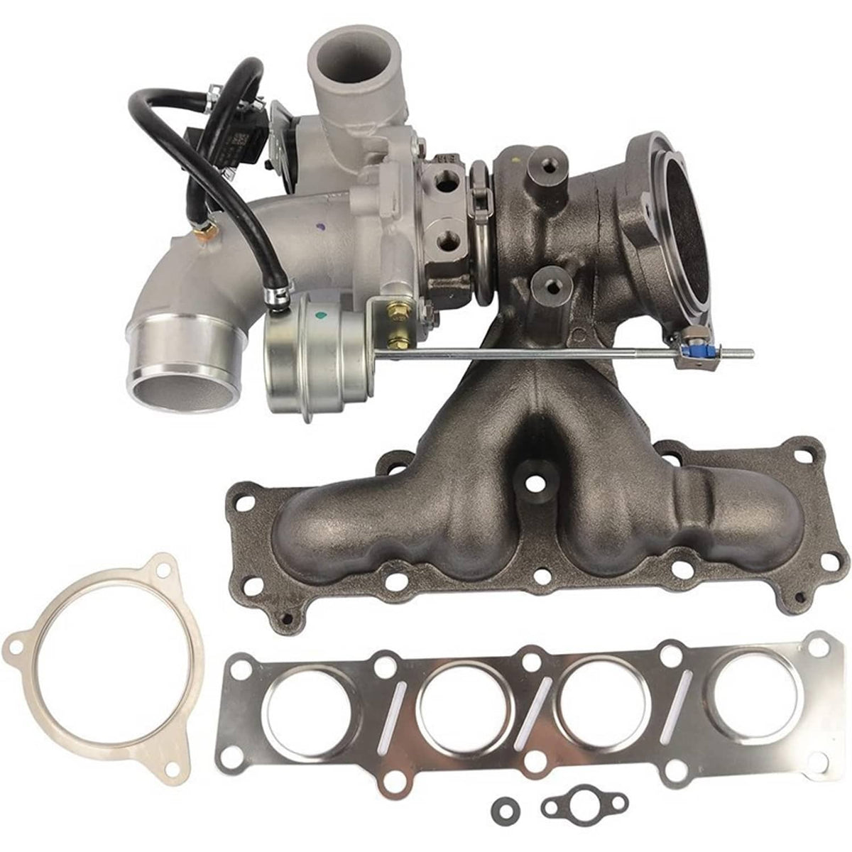 Turbocharger with heat shielded lines, cast manifold, and installed gaskets