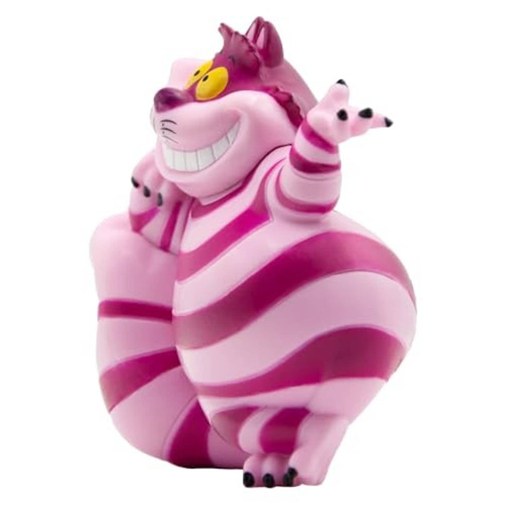 Cheshire Cat figurine in pink and magenta stripes, crouching pose with wide grin