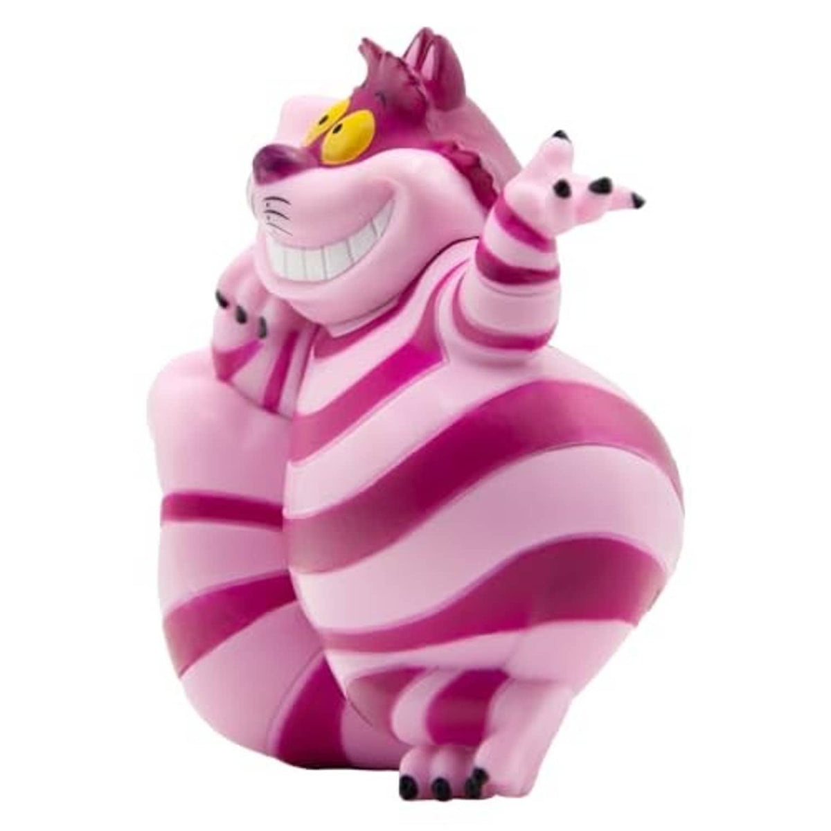 Cheshire Cat figurine in pink and magenta stripes, crouching pose with wide grin