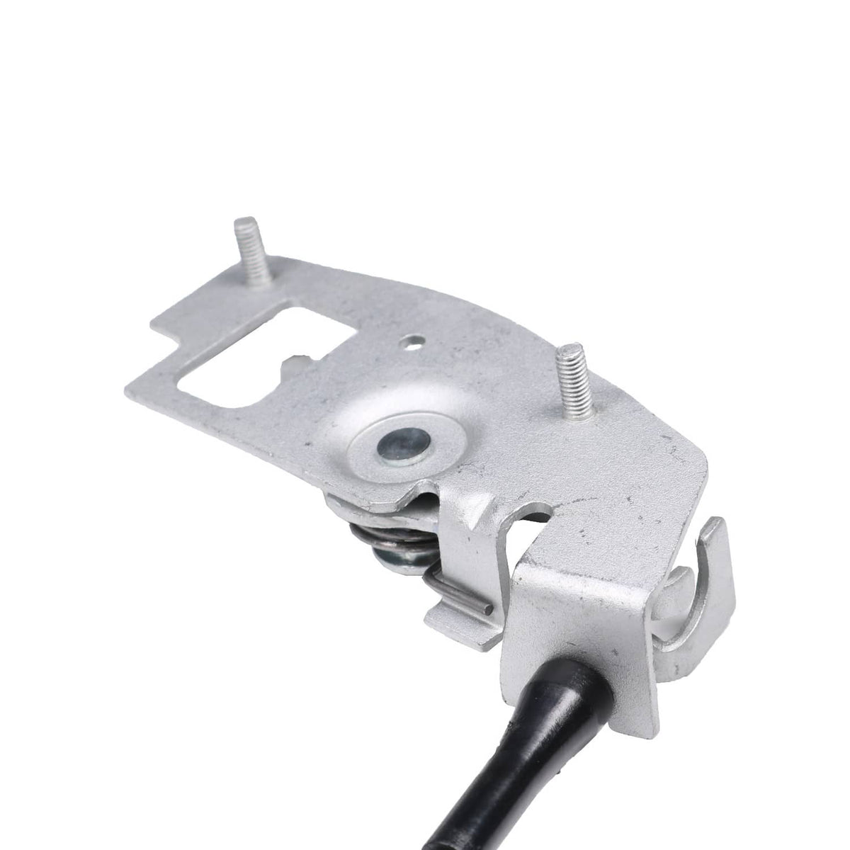 Rear cargo door latch mechanism bracket with spring hardware, silver metal finish