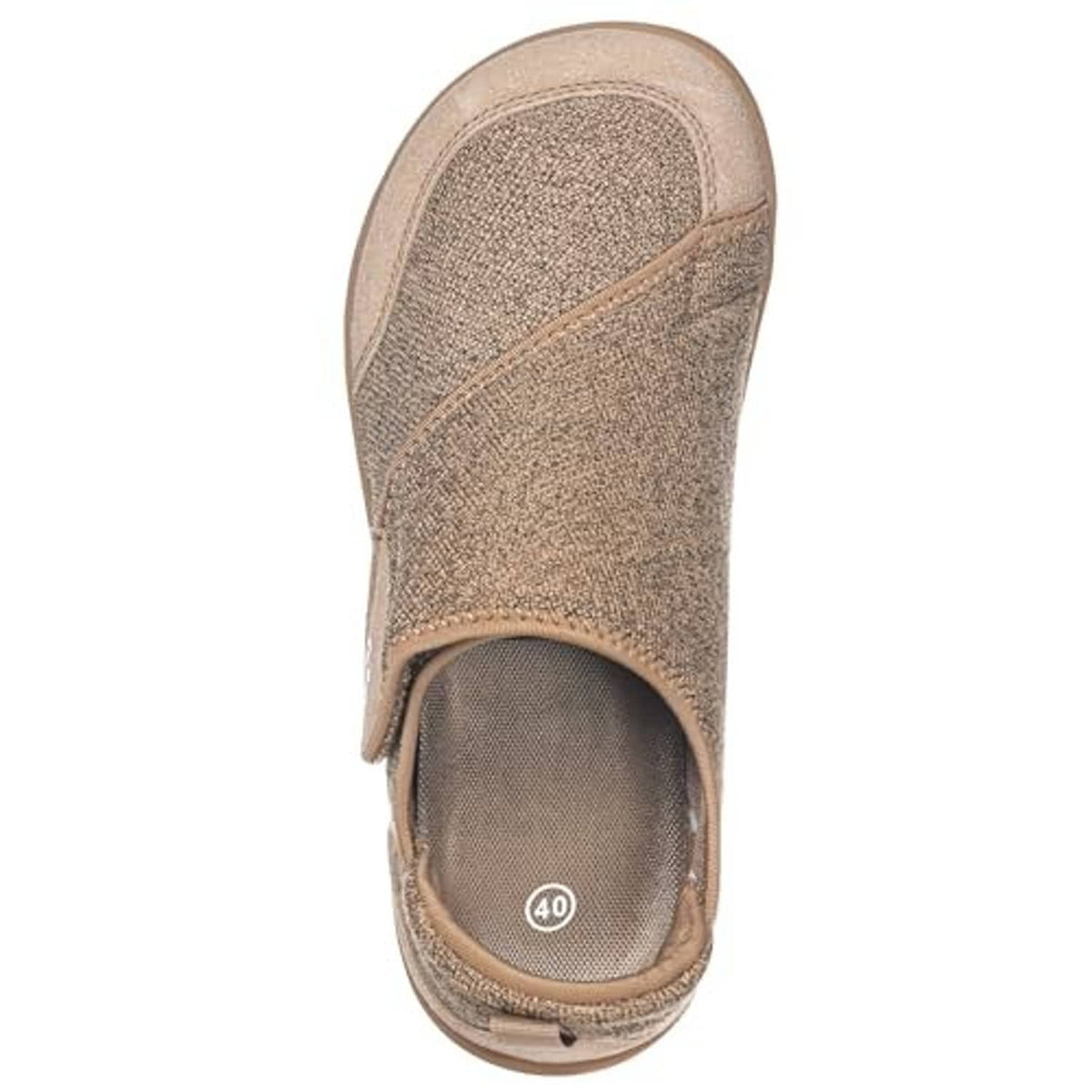 Men's beige slip-on slipper toe and instep view with textured fabric upper