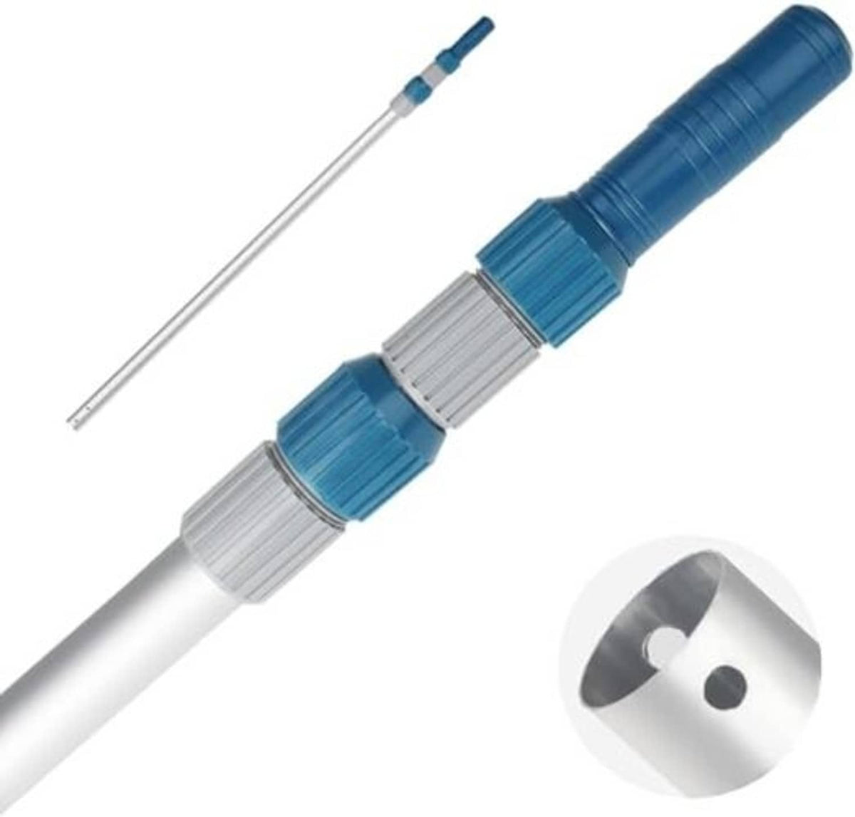 Telescopic pool pole with blue end cap and silver aluminum telescoping segments