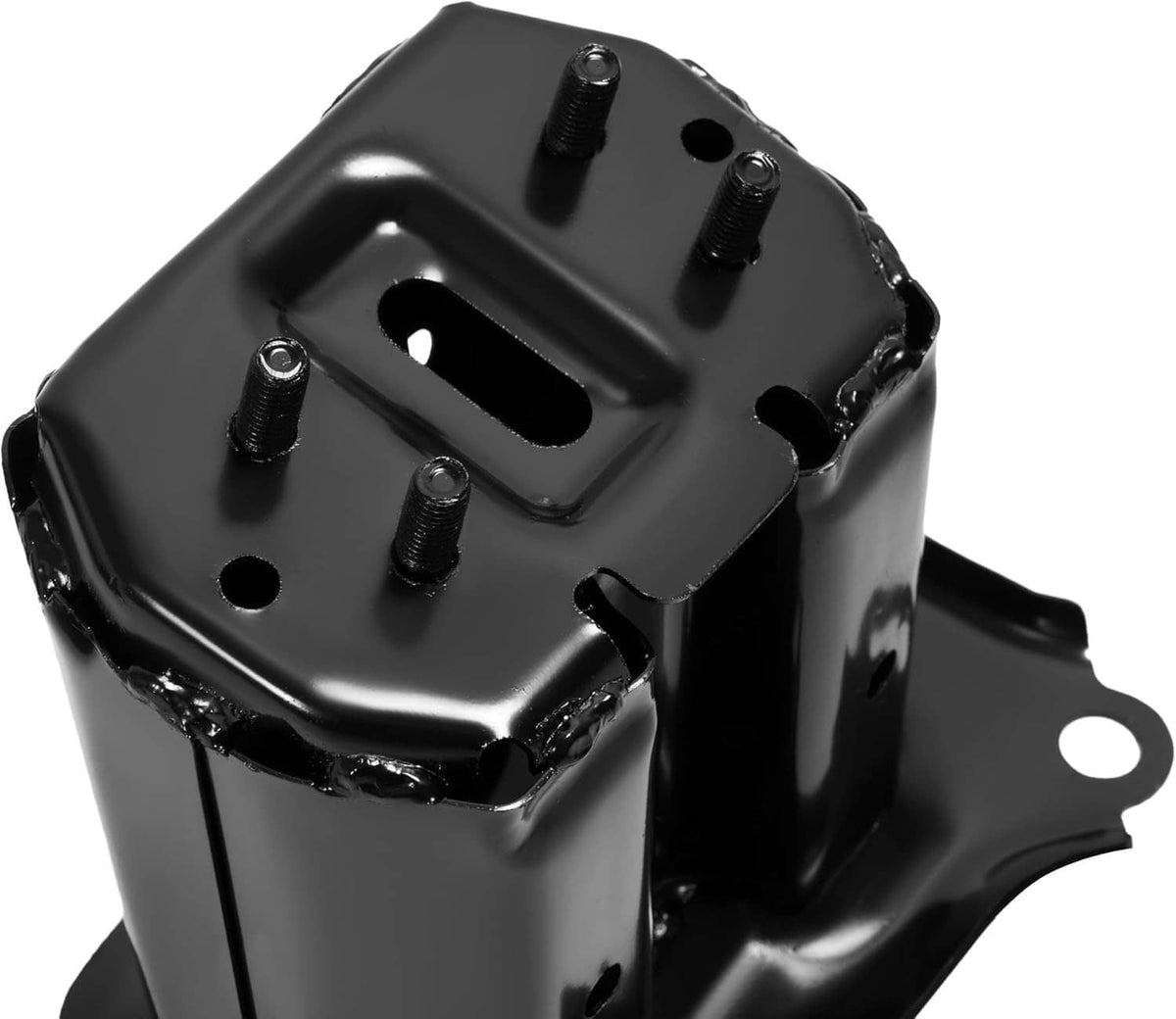 Bumper reinforcement bracket with four bolt studs, black finish and side mounting tab
