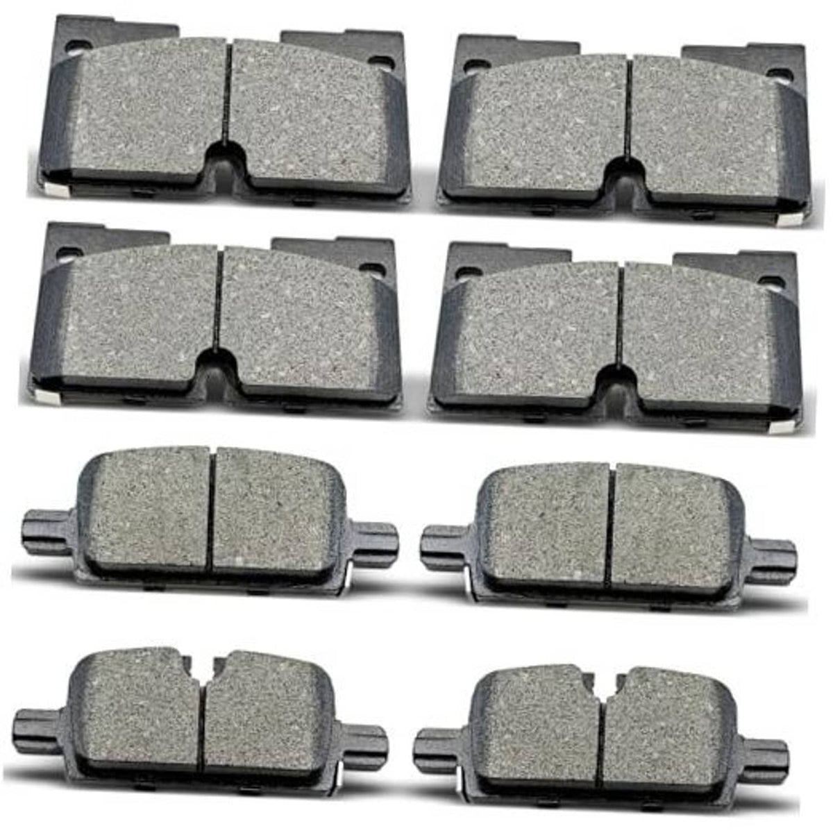 Ceramic front and rear brake pads kit, four pad pieces shown in pairs