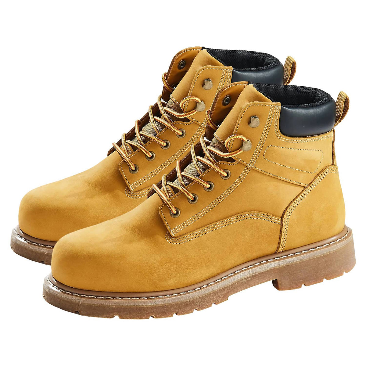Pair of yellow lace-up work boots with black collar trim and rugged lug outsole