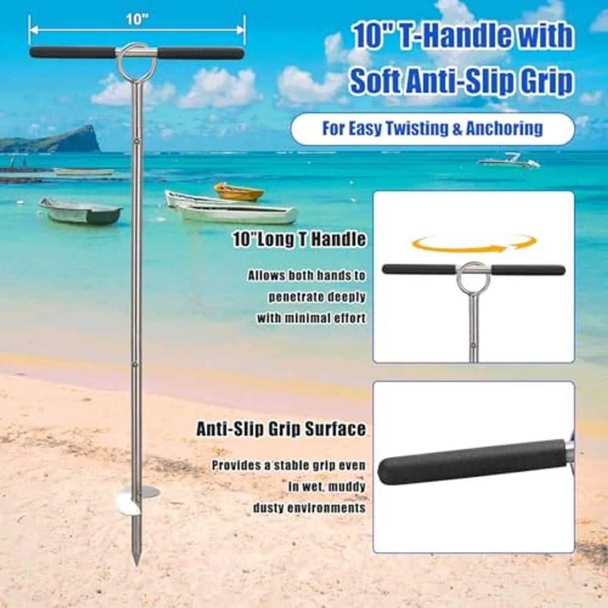 Stainless sand anchor with long handle, anti-slip grip, and pointed auger tip