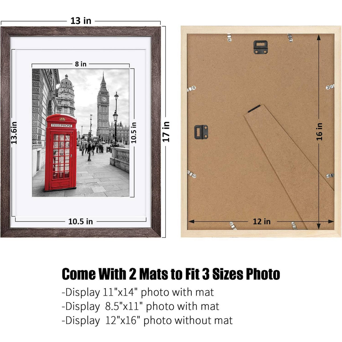 Rustic brown 12x16 picture frame with two mats, shown front and back