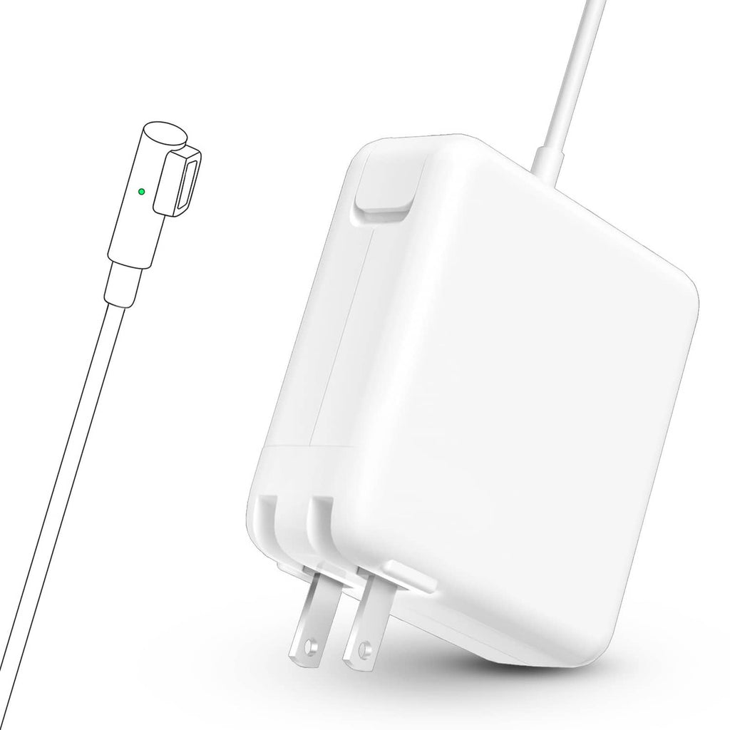 White 85W magnetic L-Tip power adapter with two-prong plug and charging cable