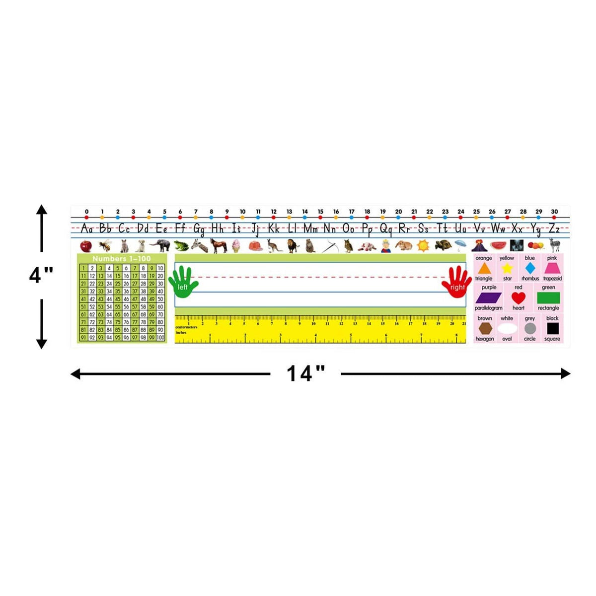 Multicolor self-adhesive nameplate strip, alphabet chart with ruler markings, 14 x 4 in