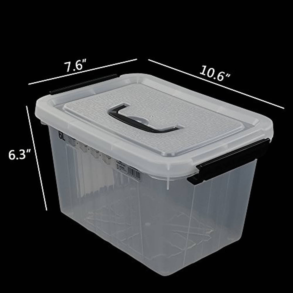 Clear plastic 6-quart storage box with black latch handle, top view with dimensions