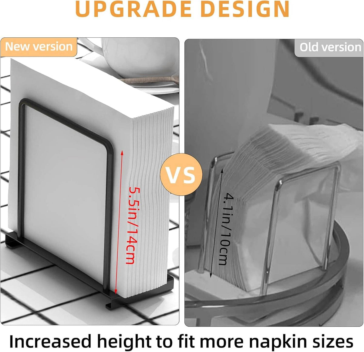 Metal standing napkin holder with black frame and upgraded taller design (comparison shown)