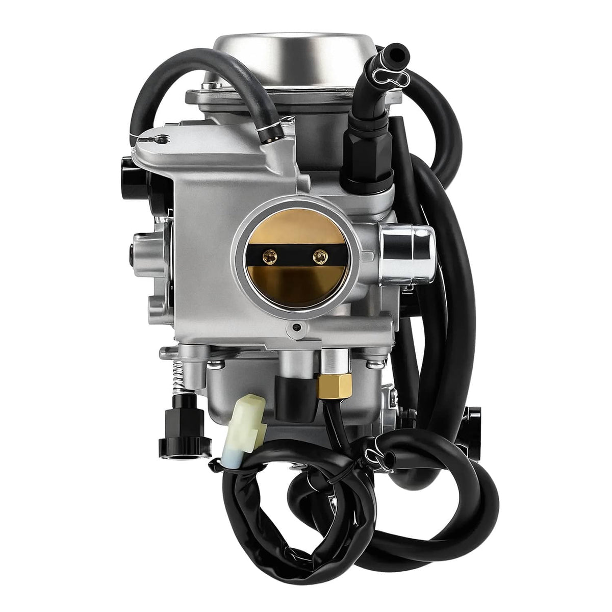 Carburetor with intake manifold, side view with round air inlet and black wiring