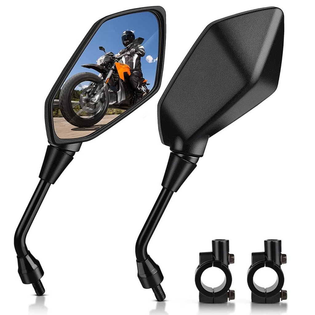 Motorcycle rearview mirror pair with black housings and clear reflective lenses