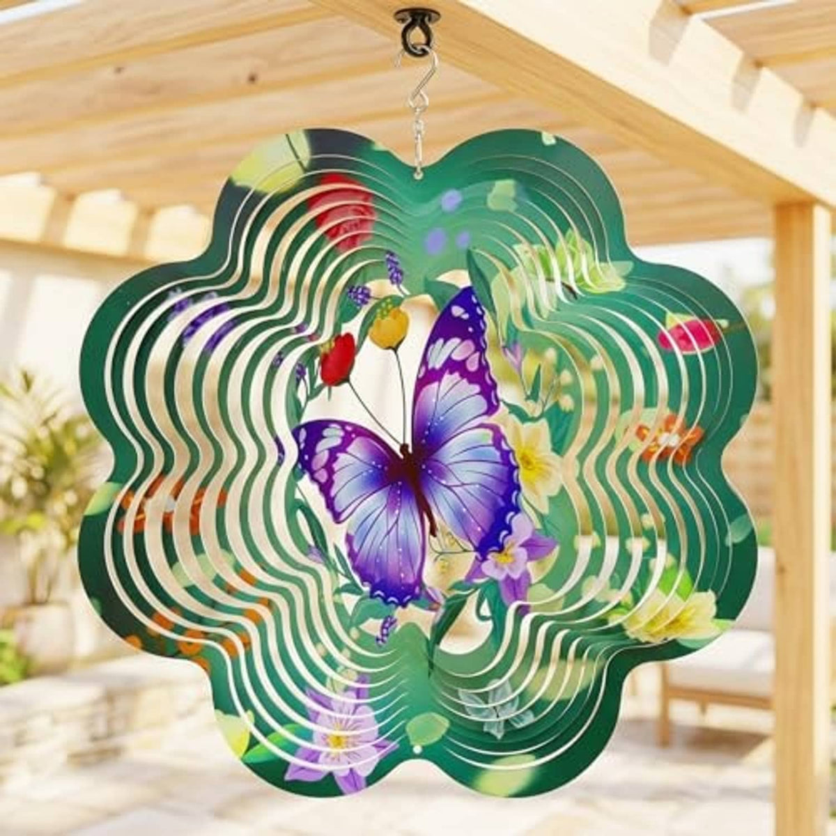 Green butterfly wind spinner with purple butterfly and rainbow swirl rings