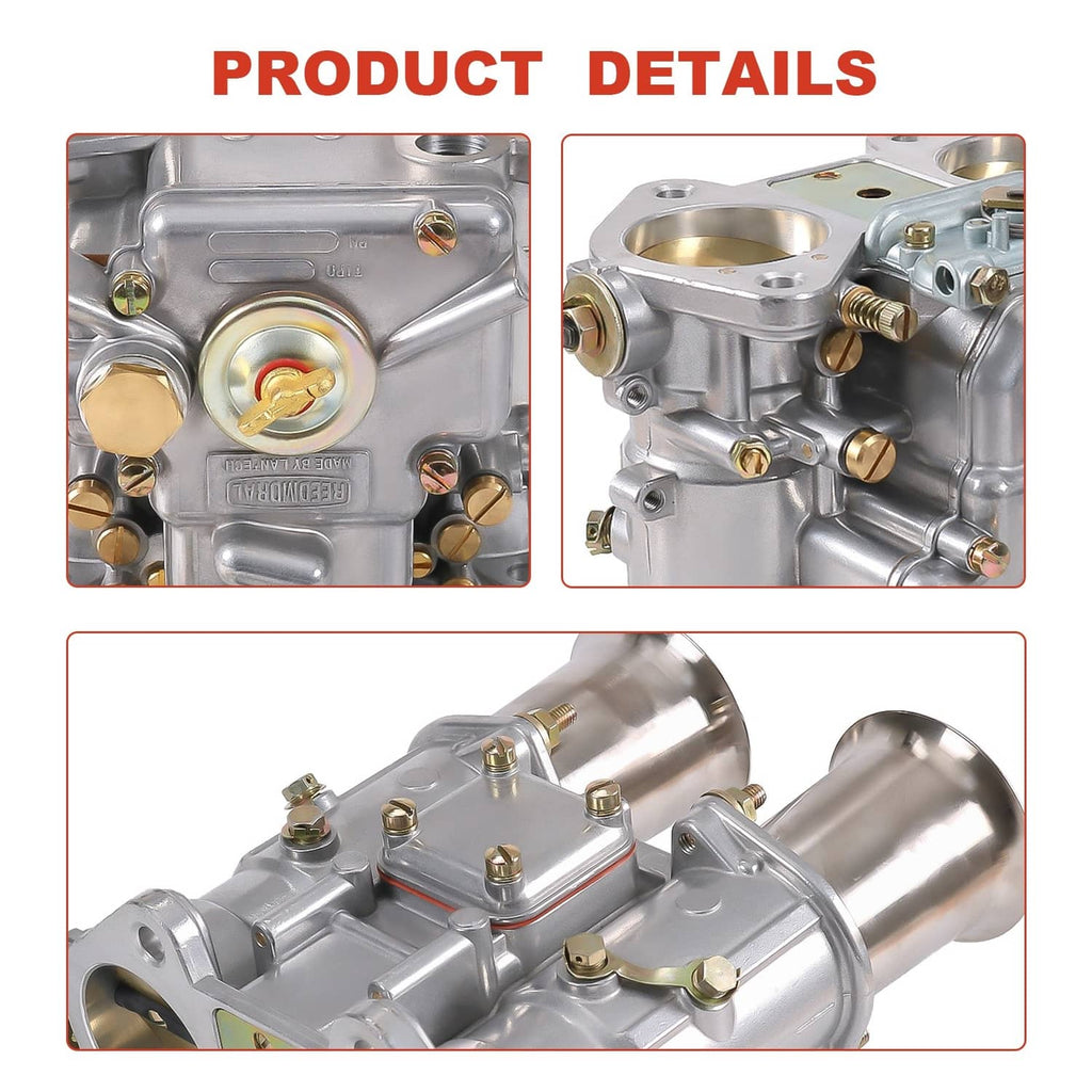 Carburetor close-up details with twin intake horns, gold fittings, and metal linkage