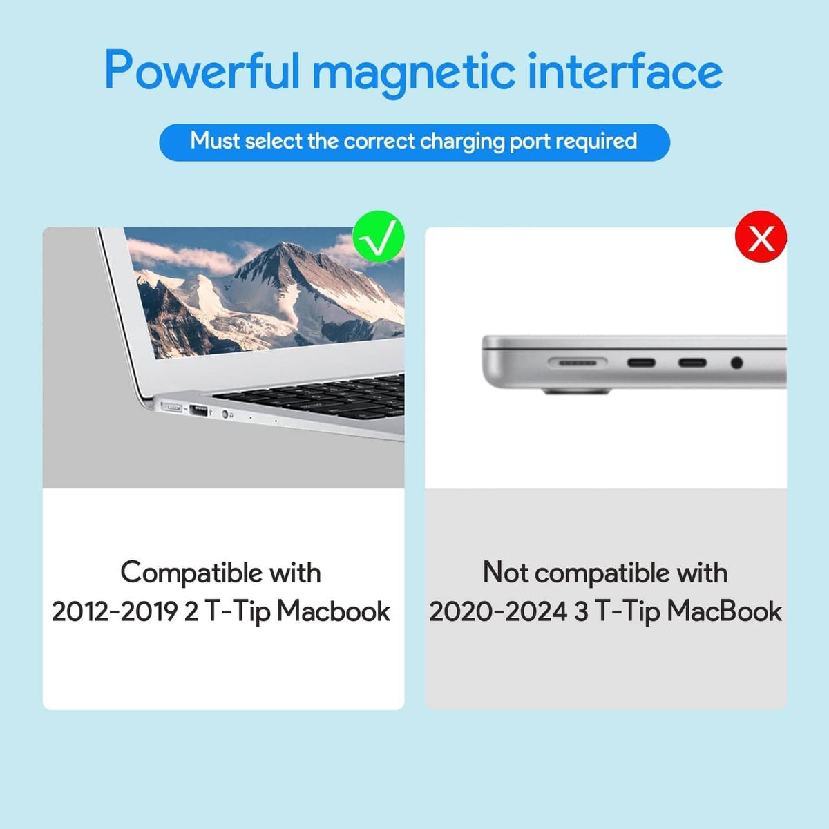 White charger with charging port design for compatible 2 T-tip MacBook models