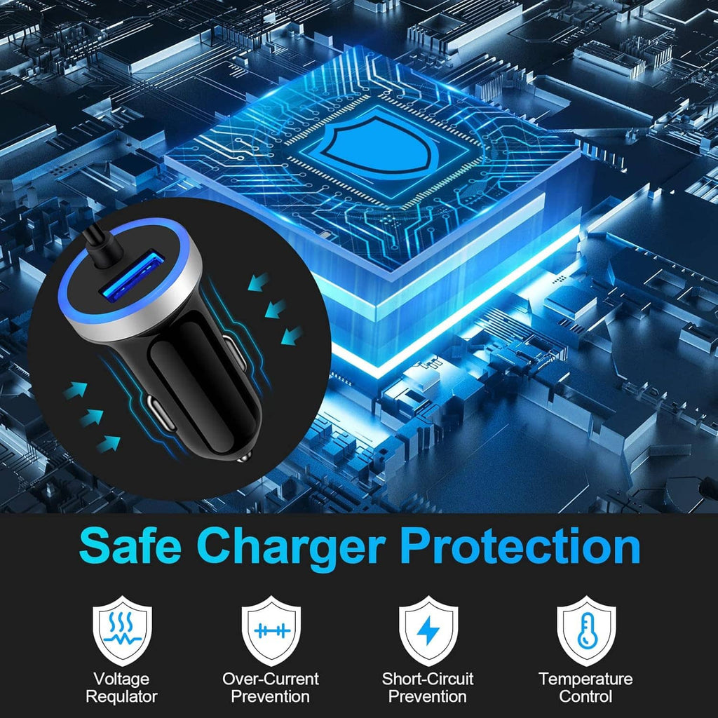 Black USB-C car charger with blue LED ring shown with protection circuit background