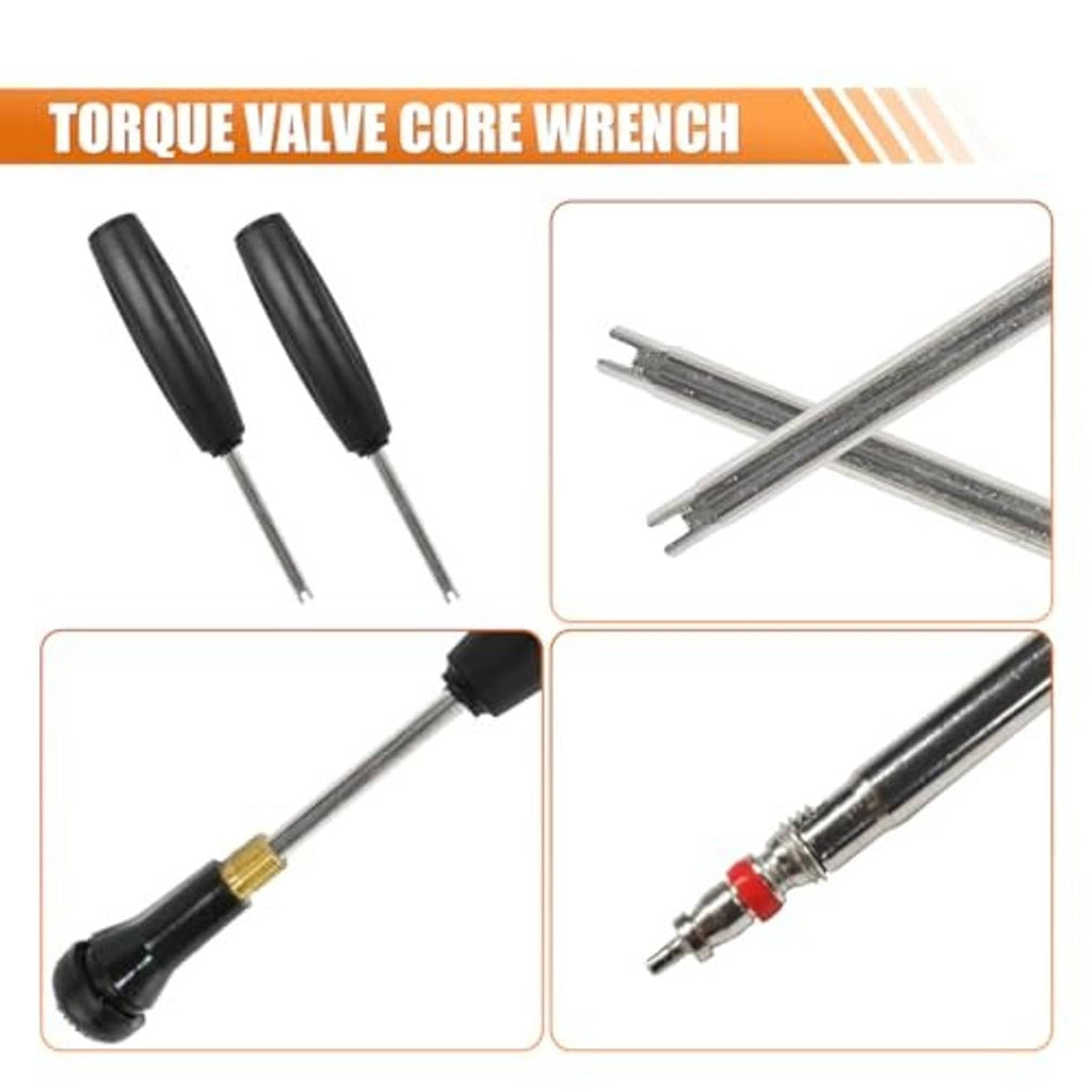 Tire valve core torque wrench set with black handles and metal prongs, multi-piece view