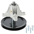 Spindle assembly with black pulley, silver housing, and mounting bolts