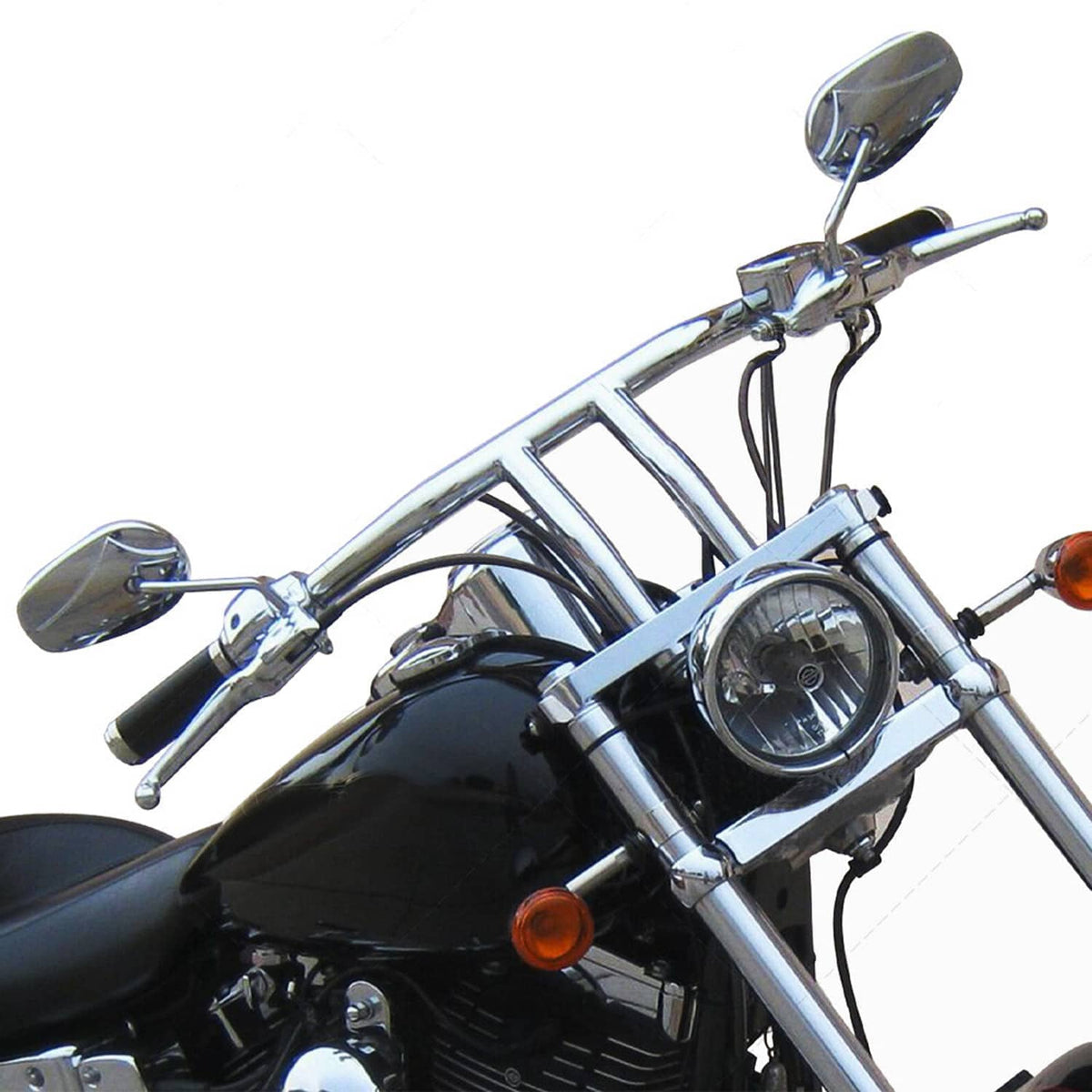 Chrome T-bar handlebars with curved rise and black grips, showing mounting points