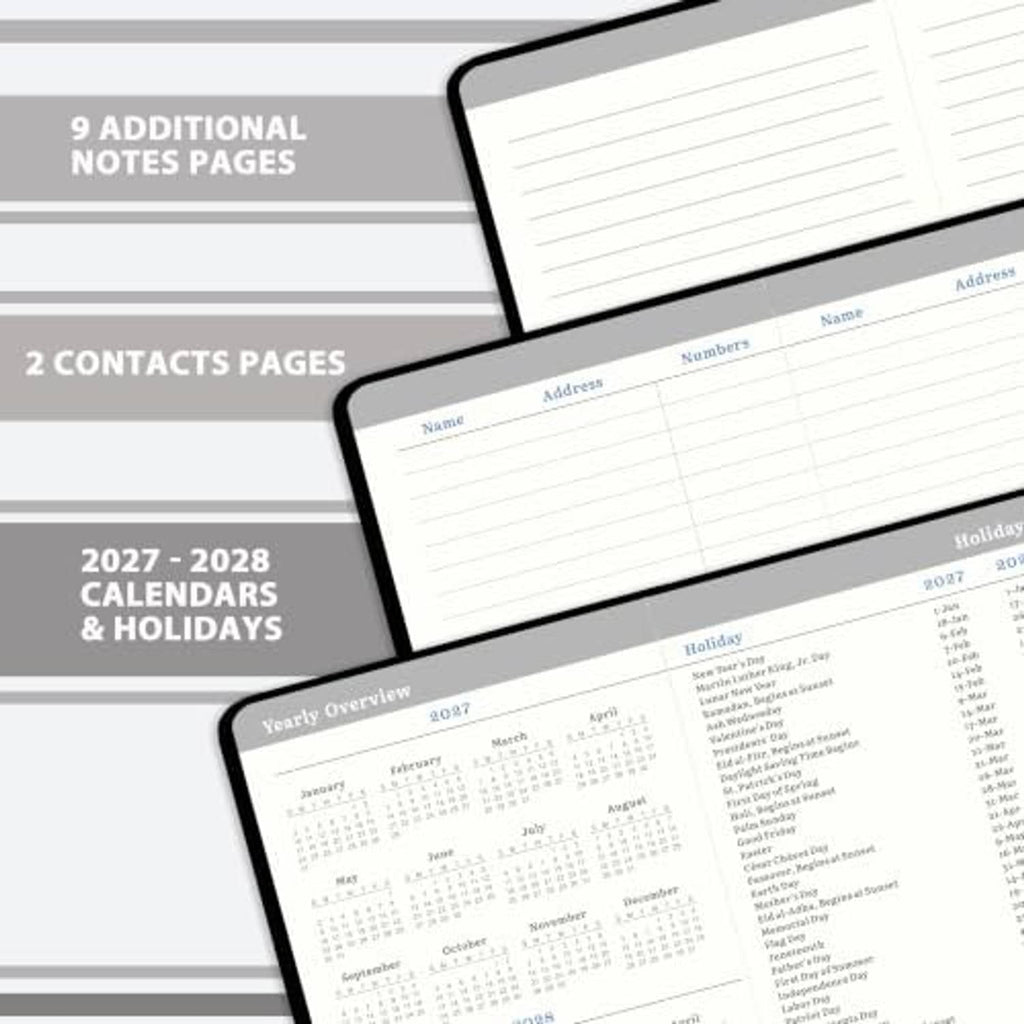 Planner interior pages showing notes sections, contacts pages, and 2027-2028 calendars