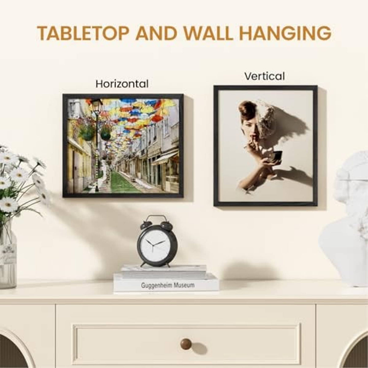 Black 11x13 picture frames shown for tabletop or wall hanging, landscape and portrait