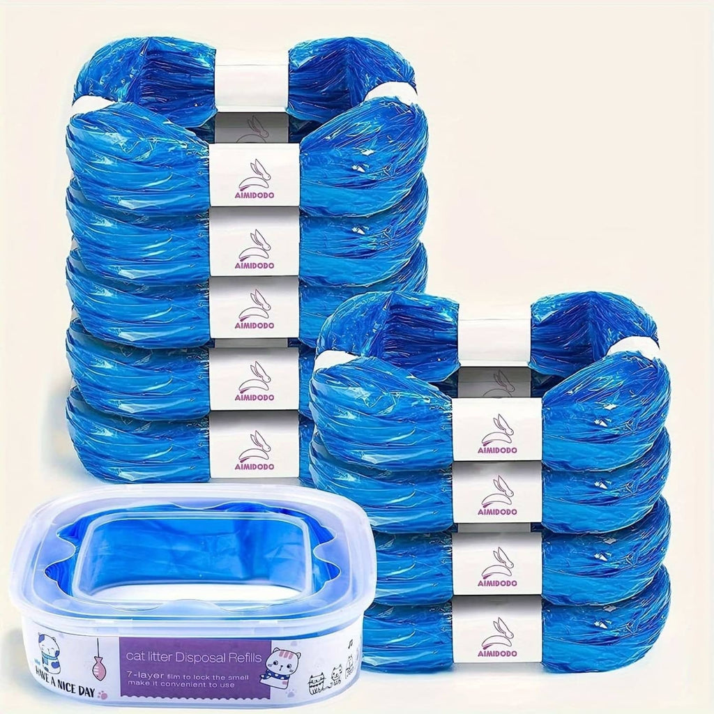Blue cat litter refill bags bundle with multiple cartridges, sealed packs in 9-pack set.