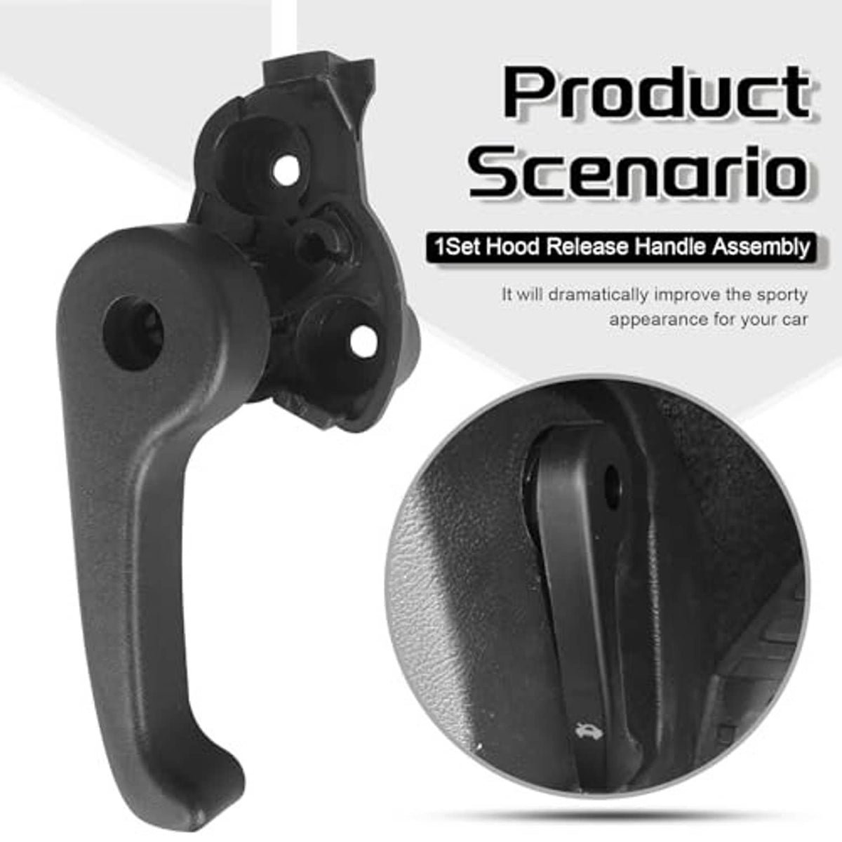 Hood latch release handle assembly, black plastic with textured finish and mounting bracket