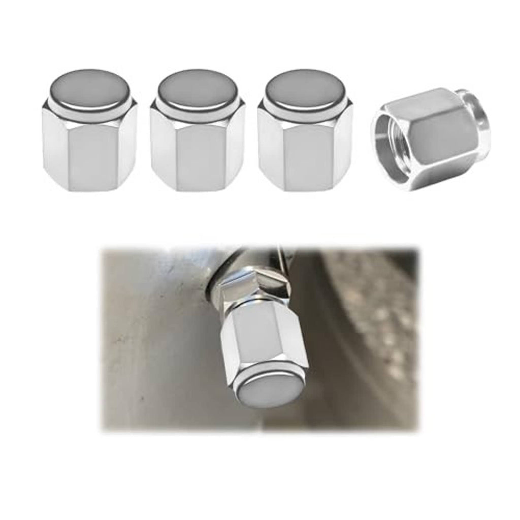 3-pack view plus one loose silver tire valve stem cap, hex body with round top