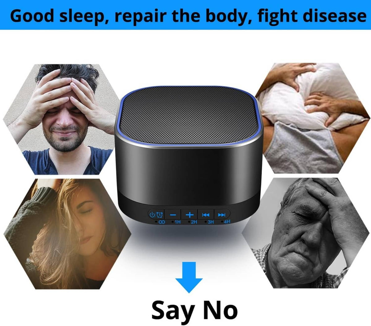 Black portable sound machine with top speaker grille and blue edge ring