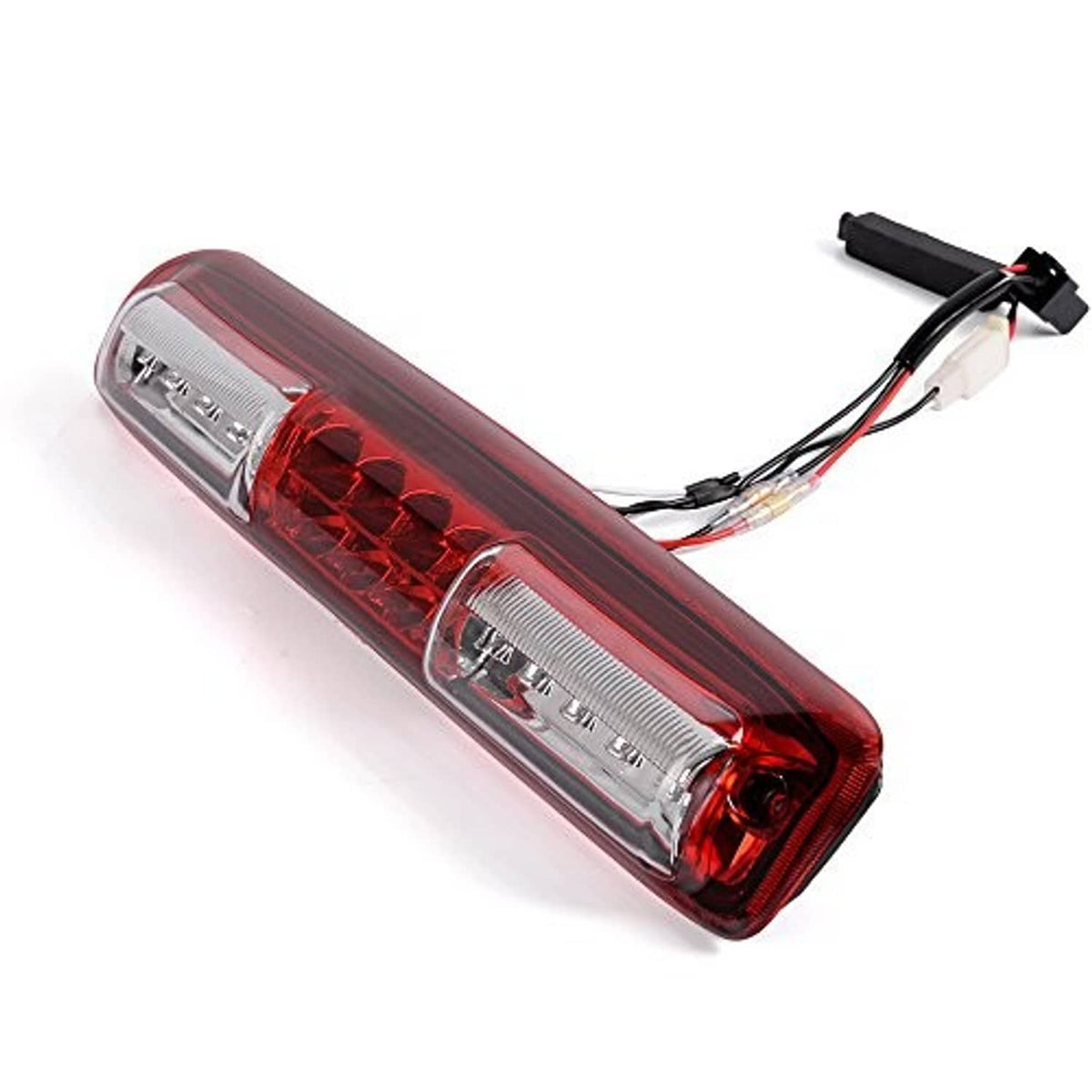Red third brake light unit with clear lens cover and attached wiring connector harness
