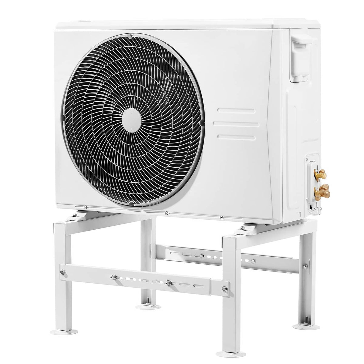 Mini split outdoor unit on adjustable ground stand with anti-vibration feet, white frame