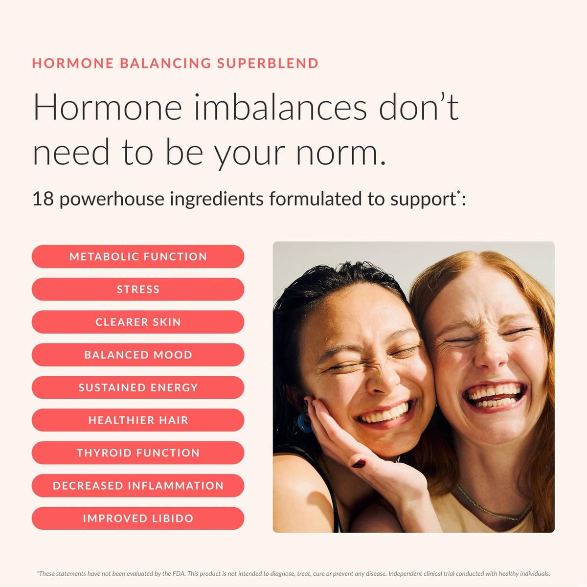 Hormone balancing superblend supplement infographic panel with ingredient categories